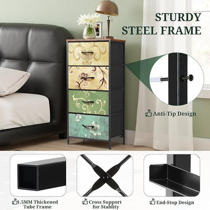 4 Drawers Dresser for Bedroom, Fabric Storage Tower Organizer with Wooden Top and Steel Frame, Tall Chest of Drawers for Closet, Entryway, Dorm, Floral Painted