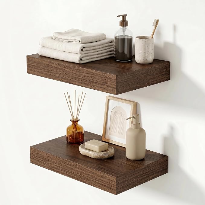 Heimlove 12 Inch Floating Shelves for Wall Walnut Shelves Set of 2,Wall Mounted Rustic Wood 8 Inch Deep Floating Shelf with Invisible Brackets for Bedroom Kitchen Living Room