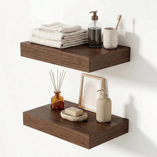 Heimlove 12 Inch Floating Shelves for Wall Walnut Shelves Set of 2,Wall Mounted Rustic Wood 8 Inch Deep Floating Shelf with Invisible Brackets for Bedroom Kitchen Living Room