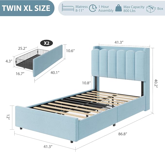 Garvee LED Twin XL Bed Frame with Storage Headboard, Kids Bed Frame with 2 Drawers, Boucle Upholstered Platform Bed for Girls, Chic Wavy Headboard with Bookcase, No Box Spring Needed, Blue