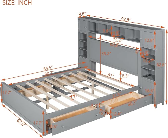 Merax Queen Size Wooden Bed with All-in-One Cabinet, Gray Platform Bed Frame with 4 Drawers, Shelf and Sockets