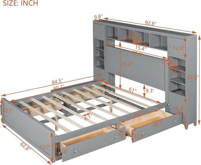 Merax Queen Size Wooden Bed with All-in-One Cabinet, Gray Platform Bed Frame with 4 Drawers, Shelf and Sockets