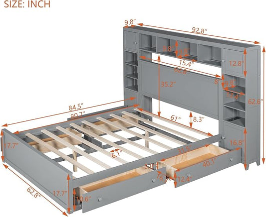 Merax Queen Size Wooden Bed with All-in-One Cabinet, Gray Platform Bed Frame with 4 Drawers, Shelf and Sockets