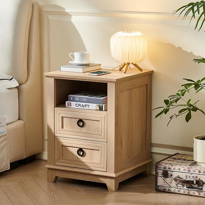 Joaxswe 18" Farmhouse Night Stands Set of 2 with Charging Station, 2 Drawers Bedside End Table, Natural Wooden Nightstand, Bed Side Table Cabinet with Open Shelf for Bedroom Living Room Office