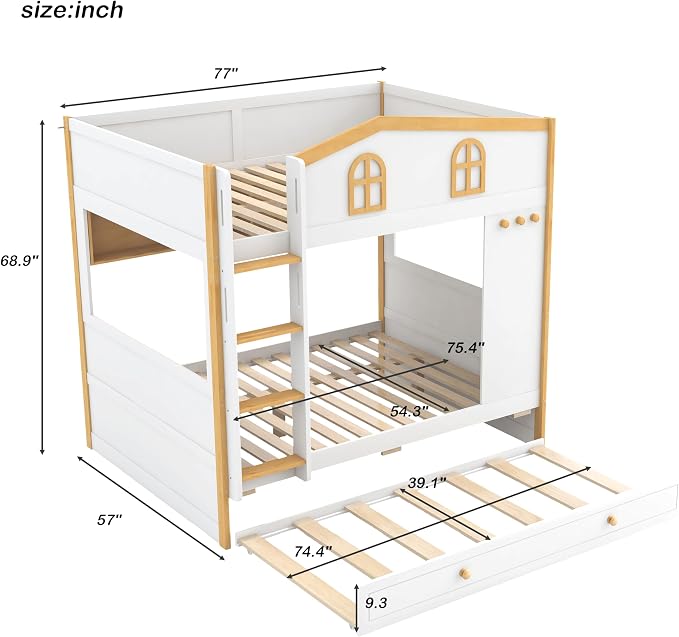 Bellemave Bunk beds Full Over Full with Twin Size Trundle, Low bunk Bed for Kids Adults and Teenagers，White