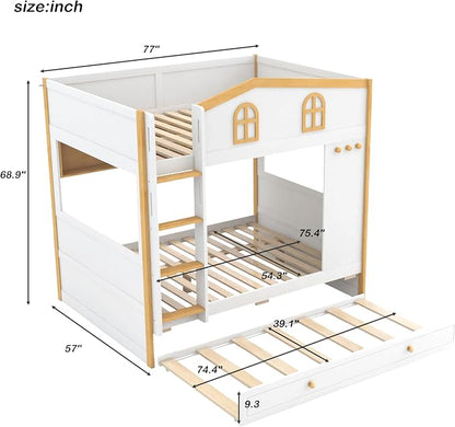 Bellemave Bunk beds Full Over Full with Twin Size Trundle, Low bunk Bed for Kids Adults and Teenagers，White