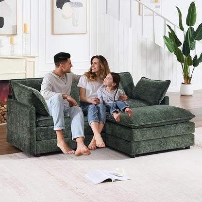Modular Sectional Sofa with Ottoman, 76.7" Modern L Shaped Sectionals Cloud Couch, Comfy Couch Loveseat, 3 Seat Chenille Deep Seat Sofa with Pillow for Living Room,Bedroom Apartment,Small Spaces-Green