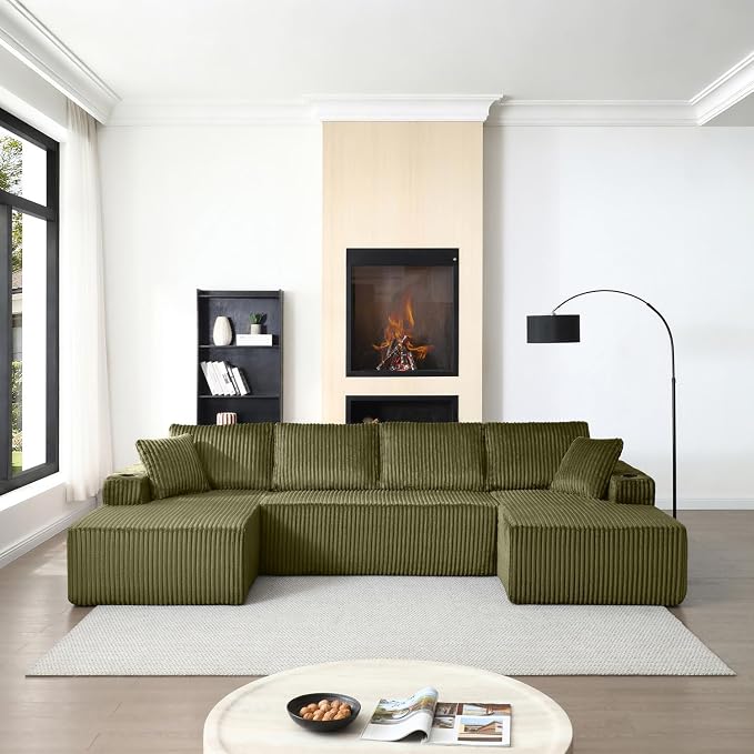 124" Modular Sectional Sleeper Sofa, Boneless Cloud Couch for Living Room, U Shaped 5 Seat Sofa with 2 Storage Pockets& 2 Cup Holders, Free Combination, No Assembly Required