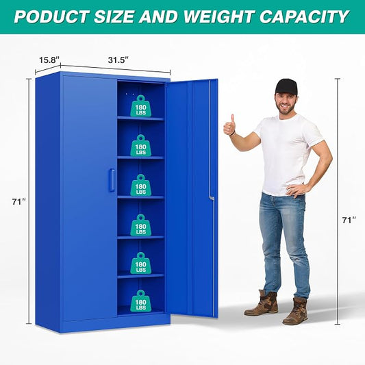 SISESOL Blue Metal Storage Cabinet with 6 Shelves,71" Garage Storage Cabinet with Lock,6 Tier Steel Cabinets with Locking Doors,Lockable Cabinets for Home,Office,Shop,Garage