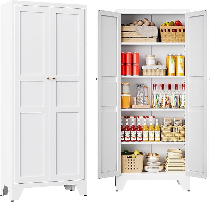 71" Tall Kitchen Cabinet Storage Unit With 2 Doors and 4 Adjustable Shelve, Metal White Freestanding Cupboard, 5 Tier Kitchen Pantry Storage Cabinet for Kitchen Dining/Living Room/Garage/Home/Office