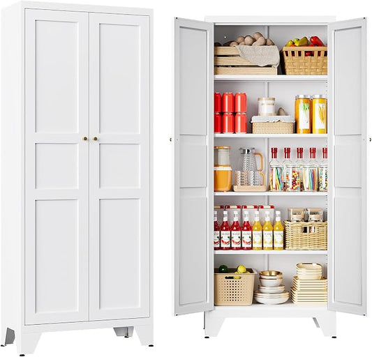 71" Tall Kitchen Cabinet Storage Unit With 2 Doors and 4 Adjustable Shelve, Metal White Freestanding Cupboard, 5 Tier Kitchen Pantry Storage Cabinet for Kitchen Dining/Living Room/Garage/Home/Office