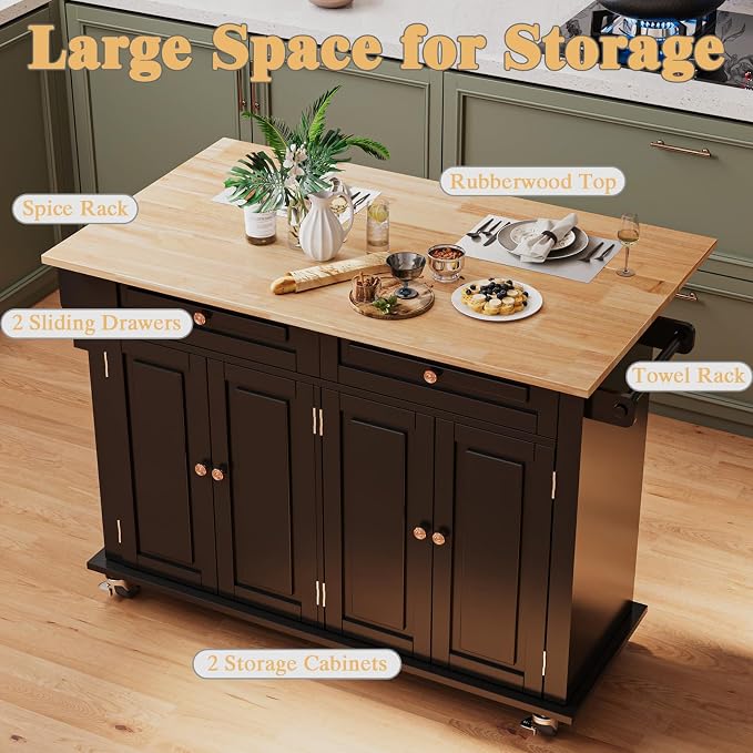JassmiPkwy 51.2'' Rolling Kitchen Island Cart with Drop Leaf Countertop, Kitchen Carts on Wheels with Storage, 2 Drawers, Towel Rack Island for Dining Room, Black