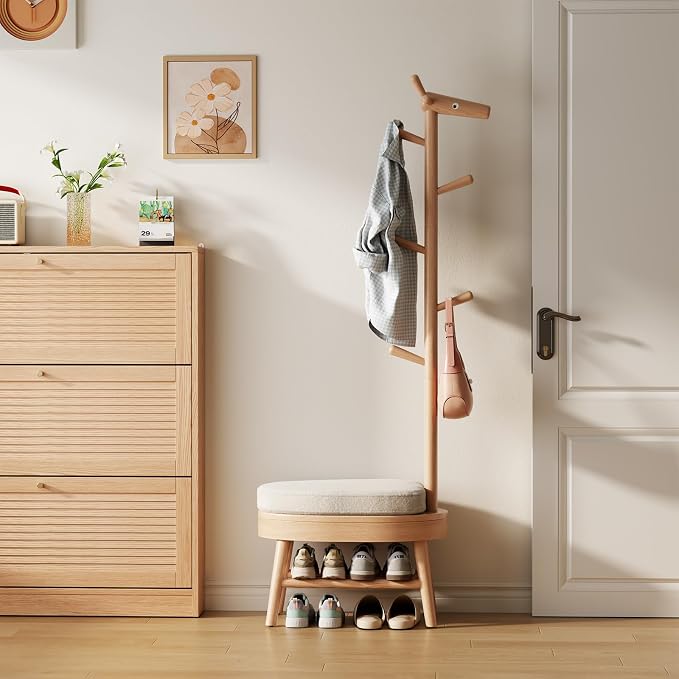 AQIMUELE Entryway Shoe Rack with Coat Rack, Wooden Shoe Bench with Upholstered Cushion, 3-in-1, 2-Tier Shoe Storage and Cute Animal Hooks for Entryway, Hallway, Closet (Natural 24.4")