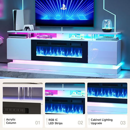 70" Fireplace TV Stand, Modern Entertainment Center for TVs Up to 80", TV Console with Storage Cabinets, Media Console for Living Room, WI-FI Enabled White TV Stand and Black Fireplace
