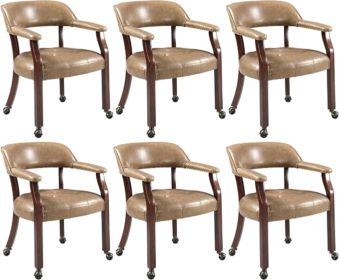 LEEMTORIG Set of 6 Large Dining Chairs with Casters and Arms, Rolling Dining Chairs with Wheels, Accent Game Poker Table Chairs, 26“Dx25.2 Wx31.5“H, Cherry Legs & Yellowish Brown PU SY-1533-PMB06