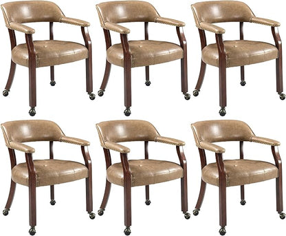 LEEMTORIG Set of 6 Large Dining Chairs with Casters and Arms, Rolling Dining Chairs with Wheels, Accent Game Poker Table Chairs, 26“Dx25.2 Wx31.5“H, Cherry Legs & Yellowish Brown PU SY-1533-PMB06