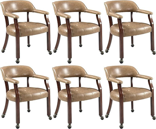 LEEMTORIG Set of 6 Large Dining Chairs with Casters and Arms, Rolling Dining Chairs with Wheels, Accent Game Poker Table Chairs, 26“Dx25.2 Wx31.5“H, Cherry Legs & Yellowish Brown PU SY-1533-PMB06