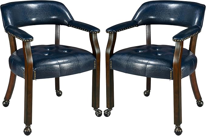 LEEMTORIG Set of 2 Dining Chairs with Casters and Arms, Large Rolling Dining Chairs with Wheels, Accent Poker Table Chairs, Solid Wood Boss Caption's Chairs, Espresso Legs & Dark Blue PU SY-318-LB02