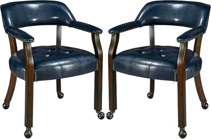LEEMTORIG Set of 2 Dining Chairs with Casters and Arms, Large Rolling Dining Chairs with Wheels, Accent Poker Table Chairs, Solid Wood Boss Caption's Chairs, Espresso Legs & Dark Blue PU SY-318-LB02
