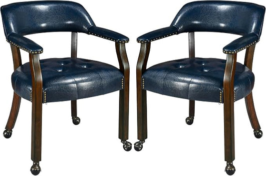 LEEMTORIG Set of 2 Dining Chairs with Casters and Arms, Large Rolling Dining Chairs with Wheels, Accent Poker Table Chairs, Solid Wood Boss Caption's Chairs, Espresso Legs & Dark Blue PU SY-318-LB02