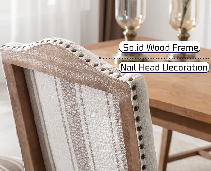 EALSON Upholstered Dining Chairs Set of 8 Farmhouse Dining Room Chairs with Wood Legs and Nailhead Trim Mid Century Modern Kitchen Chairs with High Back Padded Parson Chairs, Linen Brown Stripe