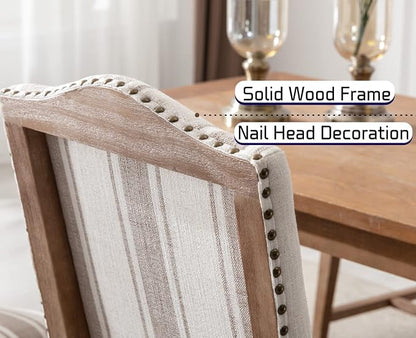 Ealson Mid Century Modern Dining Chairs Set of 2 High Back Padded Parson Chairs with Wood Legs and Nailhead Trim in Linen Brown Stripe