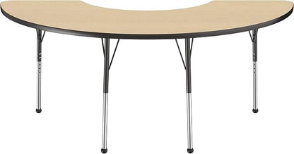 FDP Half Moon Activity School and Office Table (36 x 72 inch), Standard Legs with Ball Glides for Collaborative Seating Environments, Adjustable Height 19-30 inches - Maple Top and Black Edge