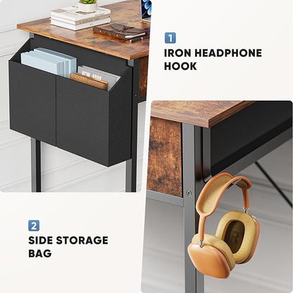 DUMOS 32" Small Home Office Computer Desk with Drawers, Gaming Writing Study Table with Storage Side Bag, Headphone Hook and Adjustable Feet for Bedroom and Escritorio, Brown