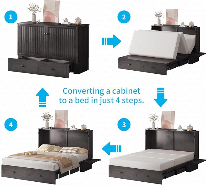 Mjkone Queen Murphy Bed Cabinet with Tri-Fold Mattress Included, Drawers, USB Charging Station, Modern Versatile Wood Chest Cabinet Wall Bed, Wooden Guest Beds for Bedroom Home Apartment, Dark Grey