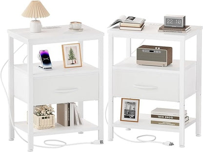 DUMOS Nightstand Set of 2 with Wireless Charging Station,Bedside Tables with Adjustable Fabric Drawers,3-Tier Storage End Tables with Open Shelf, Modern Small NightStands for Bedroom Furniture,White