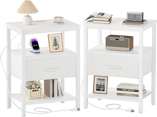 DUMOS Nightstand Set of 2 with Wireless Charging Station,Bedside Tables with Adjustable Fabric Drawers,3-Tier Storage End Tables with Open Shelf, Modern Small NightStands for Bedroom Furniture,White