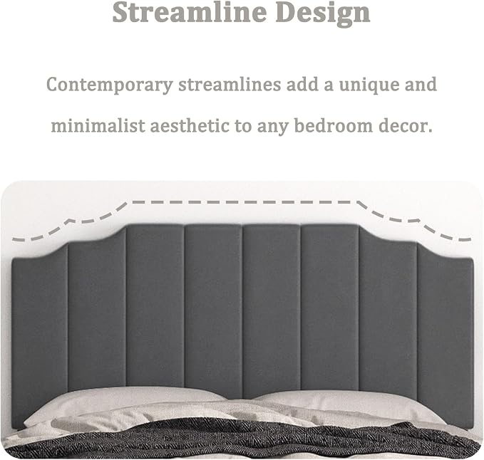 Befurtori Queen Size Headboard Only, Velvet Wall Mounted Headboard Queen/Full Size for Adjustable Bed, Modern Vertical Channel Design with Curved Tufted Upholstered Head Board,Dark Gray