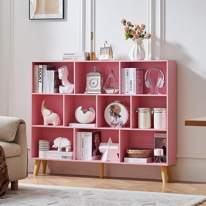 LEYAOYAO 10 Cube Bookshelf, 3 Tier Vintage 55" Wide Bookcase with Legs, Mid-Century Wood Bookshelves Storage, Light Pink Large Book Case, Freestanding Organizer Display Shelf for Living Room, Office