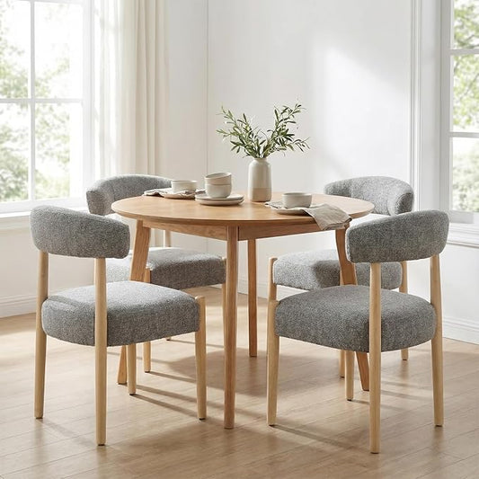 VKNOW Wooden Dining Chairs Set of 4 with Curved Open Back, Gray | Natural Rubberwood Legs, Soft Chenille Fabric, Thickened Cushion, For Adults and Family, Dining Room, Kitchen, No Wobble
