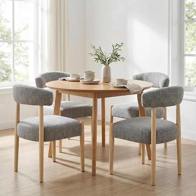 VKNOW Wooden Dining Chairs Set of 2 with Curved Open Back, Gray | Natural Rubberwood Legs, Soft Chenille Fabric, Thickened Cushion, For Adults and Family, Dining Room, Kitchen, No Wobble