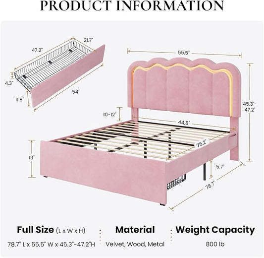SHA CERLIN Upholstered Full Size Bed Frame with LED Lights and Large Storage Drawer, Velvet Platform Bed with Adjustable Wavy Headboard, Noise Free, Easy Assembly, No Box Spring Needed, Soft Pink