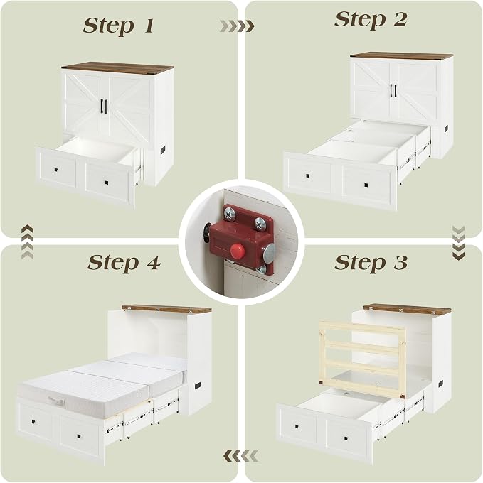 LUXOAK Twin Murphy Bed with 6" Tri-Fold Memory Foam Mattress, Storage Drawer & Charging Station, Space-Saving Design for Home Office or Guest Room, White