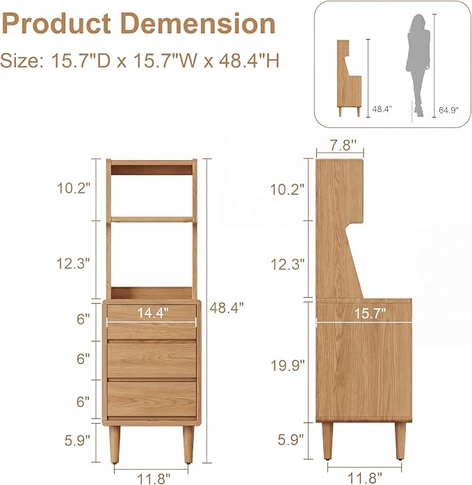 Solid Wood Bookshelf with Drawers,Narrow bookcase with Storage Shelves,Tall Nightstand with Drawers,Mid Century Modern Nightstand,Open Shelf Bookcase,Small Book Shelf for Bedroom,Living Room,Offices