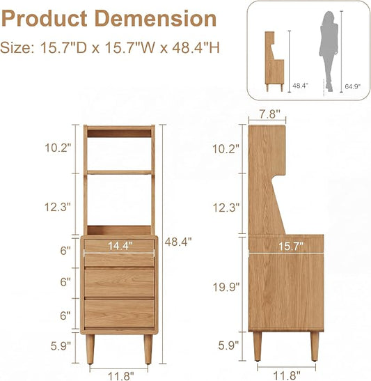 Solid Wood Bookshelf with Drawers,Narrow bookcase with Storage Shelves,Tall Nightstand with Drawers,Mid Century Modern Nightstand,Open Shelf Bookcase,Small Book Shelf for Bedroom,Living Room,Offices