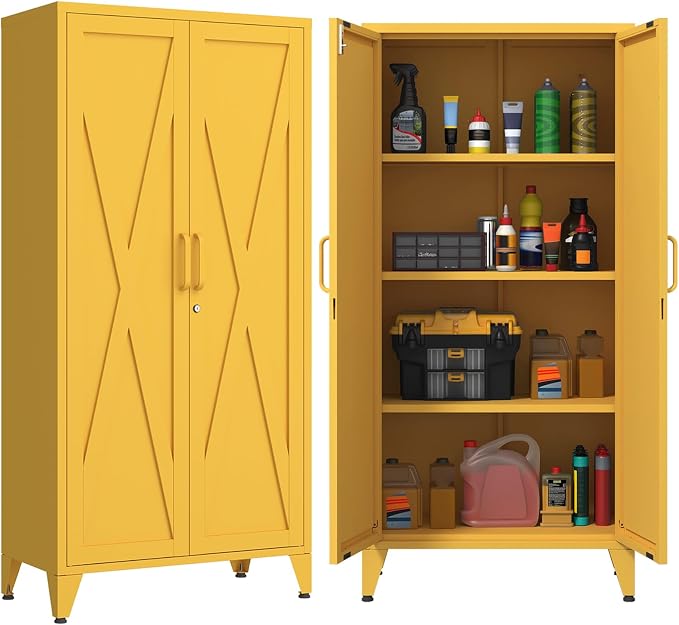 61" Tall Farmhouse Metal Pantry Cabinet with 3 Adjustable Shelves, 4-Tier Storage Organizer, 2-Door Freestanding Storage Cabinets, Easy Assembly, for Kitchen, Entryway, Home Office, Kids Room, Yellow
