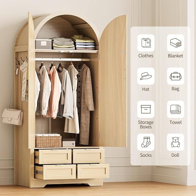 Armoire Wardrobe Closet with 4 Drawers - 2 Wood Bedroom Armoires and Wardrobes with Rattan Doors for Hanging Clothes, Clothing Cabinet Arched Closets for Cloak Room, 2 Wardrobes, Natural