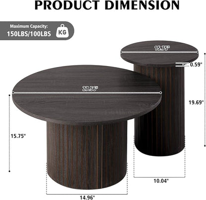 Round Nesting Coffee Table Set of 2, Fluted for Small Spaces | Modern style, suitable for living rooms, roller design, wooden