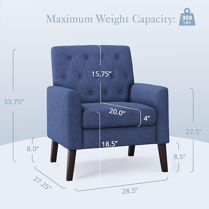 LUE BONA Navy Blue Linen Accent Chair 18.5" H, Button Tufted Armchair, Comfy Living Room Chair with Arms, Upholstered Modern Arm Chairs for Bedroom, Living Room