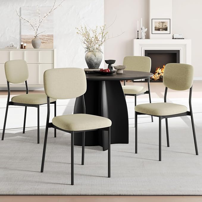 Einhomn Upholstered Dining Chairs Set, Modern Stackable Dining Room Chairs with Soft Velvet Backrest, Kitchen Chairs with Sturdy Metal Legs for Living Room, Restaurant, Set of 4,Beige Linen