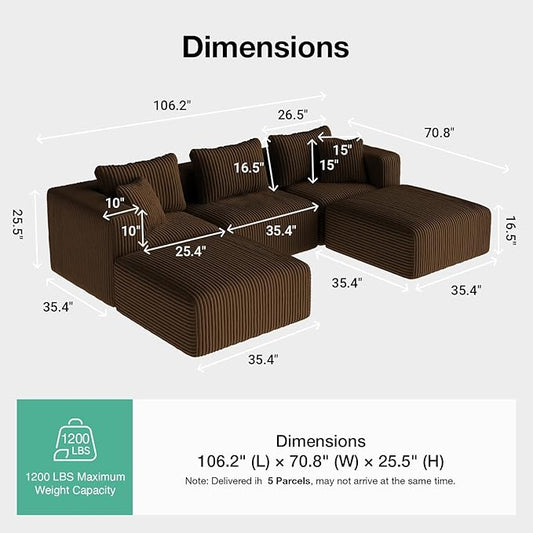 Novilla 106" Modular Sectional Sofa, Modern Cloud Sectional Couch with Smarts Coil® Support, U-Shape Boneless Couch for Living Room Apartments, No Assembly Required, Brown (3 Seat w/ 2 Ottoman)