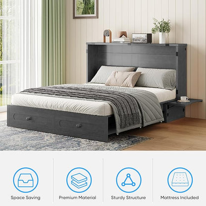 PUREMIND Queen Murphy Bed with Mattress Included, Folding Convertible Bed, Hideaway Cabinet Bed with Storage Drawer & USB Charging Station, Space Saving Wallbed for Small Spaces, Gray
