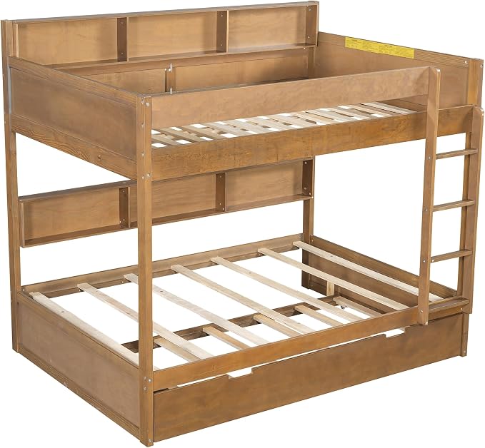 Harper & Bright Designs Rustic Wood Bunk Bed with Pull-Out Trundle, Twin Over Twin Wooden Bunk Bed with Large Cabinet Beside Upper and Down Bed, Wood