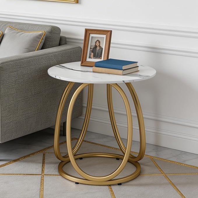 O&K FURNITURE Gold Side Table for Living Room, Round End Table with Chrome Finish, Contemporary Nightstand, Bedroom & Home Office, 1PC