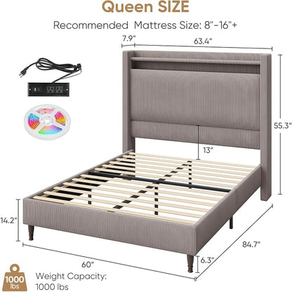 Queen Bed Frame with Tall Headboard, 55.3" Upholstered Platform Bed with LED Lights & Charging Station, Elegant Corduroy Bedframe, 2-tier Storage Wingback Headboard, No Box Spring Needed, Gray Brown