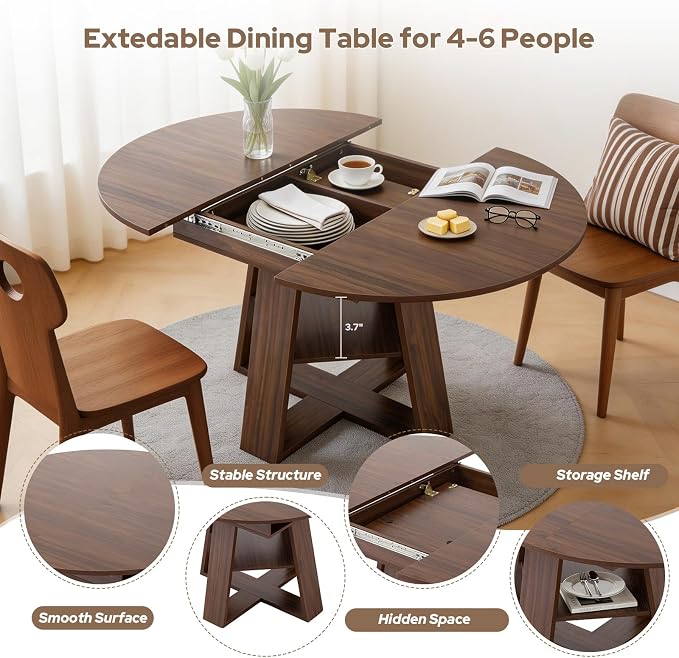 Zevemomo 43"-59" Extendable Dining Room Table for 4-6(Table only), Expandable Round Dining Table, Oval Tabletop with Cross-Shaped Base for Office, Living Room-Dark Brown